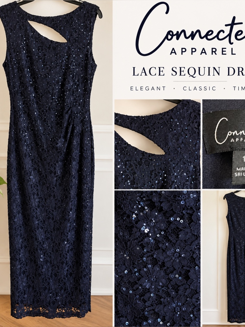 ConnectedAapparel Navy Blue Lace Sequin Long Gown Dress with Keyhole
